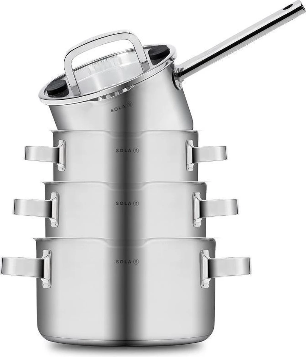 Sola Pannenset Juvia - 4 Delig - Ø 16,16,18,20 Cm - Zilver - RVS - Sandwichbodem 4 Sola Pannenset Juvia - 4 Delig - Ø 16,16,18,20 Cm - Zilver - RVS - Sandwichbodem - Afbeelding 2