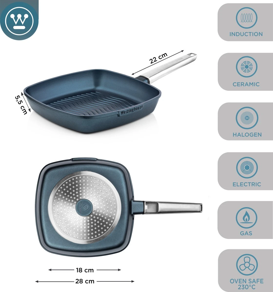 Westinghouse Performance Series - Grillpan Inductie 28cm - Luxe Grillpan - Blauw - Steakpan - Geschikt Voor Alle Warmtebronnen Inclusief Inductie En Ovenbestendig 7 Westinghouse Performance Series - Grillpan Inductie 28cm - Luxe Grillpan - Blauw - Steakpan - Geschikt Voor Alle Warmtebronnen Inclusief Inductie En Ovenbestendig - Afbeelding 5