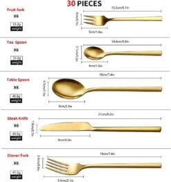 Cadeau 30-delige Gouden Zilverwerk Set Bestekset, Velaze 18/10 Roestvrijstalen Gebruiksvoorwerpen Service Voor 6 Personen Inclusief Dinerlepel, Diner Vork, Diner Mes, Dessertvork En Theelepel, Spiegel Gepolijst Ontwerp -Keukenproducten Winkel 1125x1200