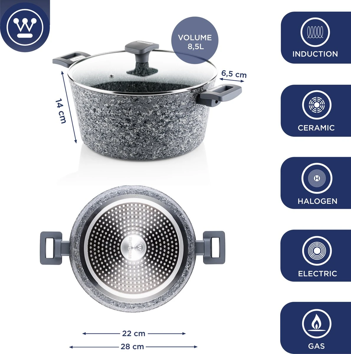 Westinghouse Kookpan/Braadpan Inductie - Ø 28 Cm - Grijs Graniet - Met Deksel - PFOA Vrij 4 Westinghouse Kookpan/Braadpan Inductie - Ø 28 Cm - Grijs Graniet - Met Deksel - PFOA Vrij - Afbeelding 2