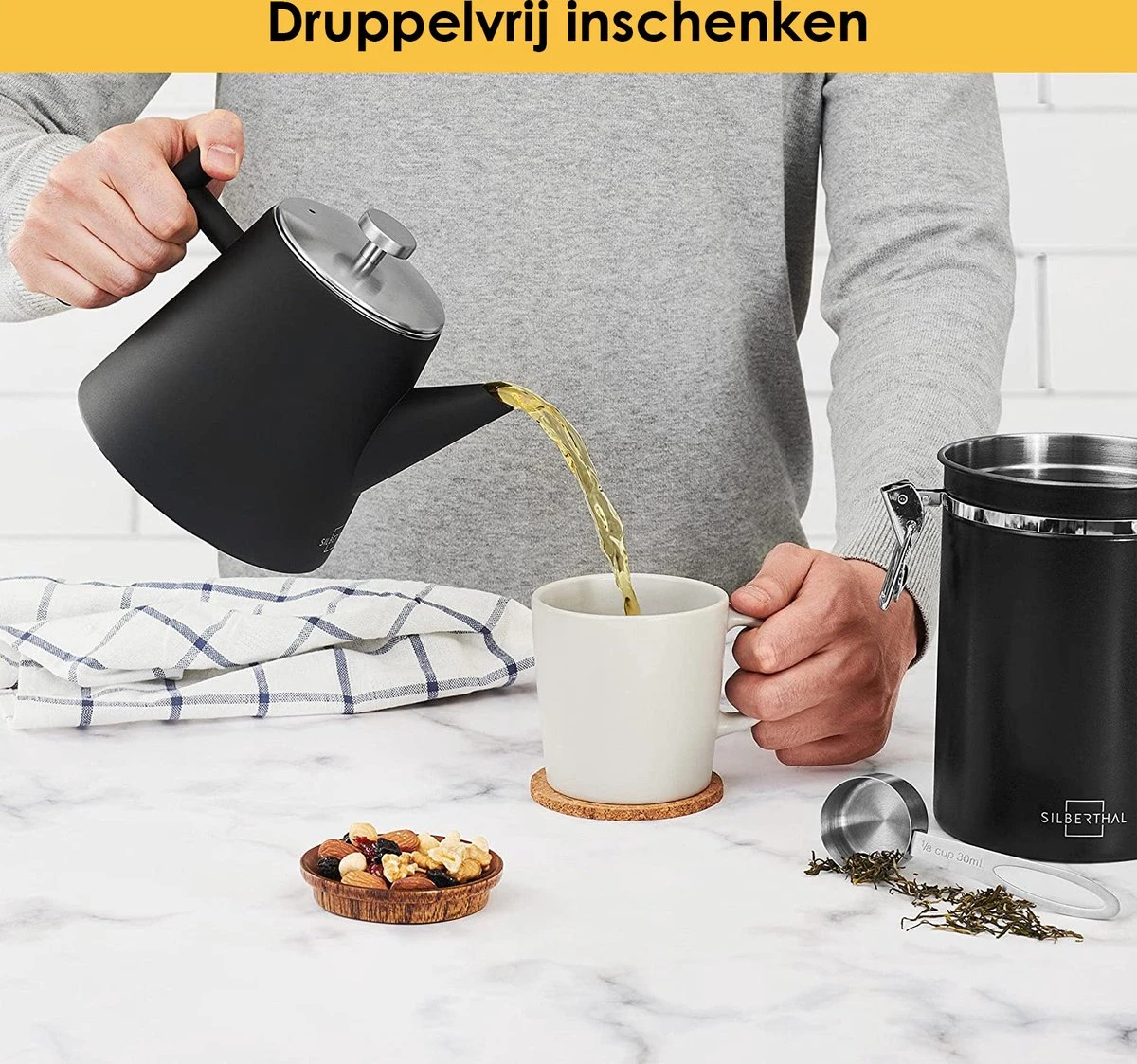 Silberthal - Theepot Met Filter - 1 L - RVS Dubbelwandig - Zwart - Cadeau 4 Silberthal - Theepot Met Filter - 1 L - RVS Dubbelwandig - Zwart - Cadeau - Afbeelding 2
