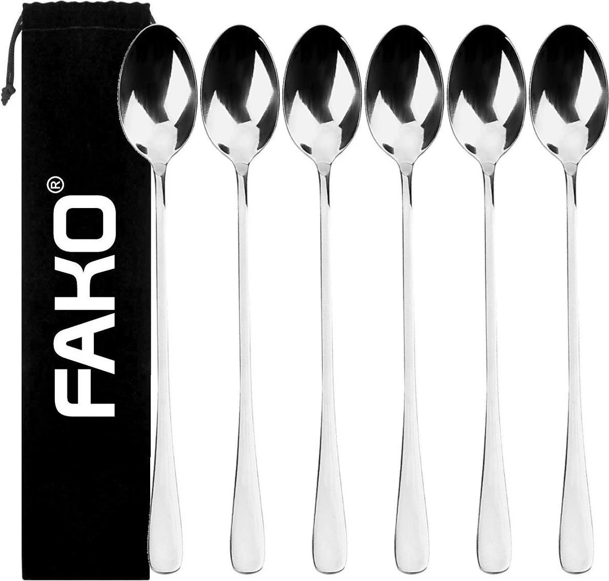 Fako Bijoux® - 6 Lange Lepels - Latte Macchiato - Longdrink - Cocktail - Dessert - IJs - Koffie - Zilver - 6 Stuks - Bewaarzakje 3 Fako Bijoux® - 6 Lange Lepels - Latte Macchiato - Longdrink - Cocktail - Dessert - IJs - Koffie - Zilver - 6 Stuks - Bewaarzakje