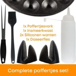 YUGN BLACK Poffertjespan Poffertjesmaker 6 Delige Set - 19 Poffertjes Incl Doseerfles Kwast Poffertjesvork Siliconen Ovenwanten - Platte Onderkant Poffertjespan Inductie Poffertjespan Elektrisch - Cadeau Tip -Keukenproducten Winkel 1200x1200 222