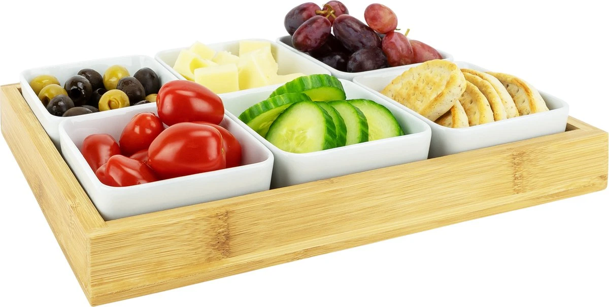 Krumble Borrelplank Met 6 Schaaltjes - Borrelplank - Tapasschaal - Serveerschaal Met Vakjes - Snackschaal - Snack- & Tappasschalen - Serveerplanken- Serveerschalen - Hout En Keramiek - 6 Delig Schaaltjes - Wit En Bruin 3 Krumble Borrelplank Met 6 Schaaltjes - Borrelplank - Tapasschaal - Serveerschaal Met Vakjes - Snackschaal - Snack- & Tappasschalen - Serveerplanken- Serveerschalen - Hout En Keramiek - 6 Delig Schaaltjes - Wit En Bruin