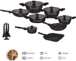 Swiss Homes® | 33 - Delige Steengoeden Pannenset | Afneembare Handgrepen, 6 Potten + 2 Pannen + Pollepelbodem + 2 Pollepels + 6 Deksels + 12 Handgrepen + Accessoire. - | PFAS-Vrij | Zwart