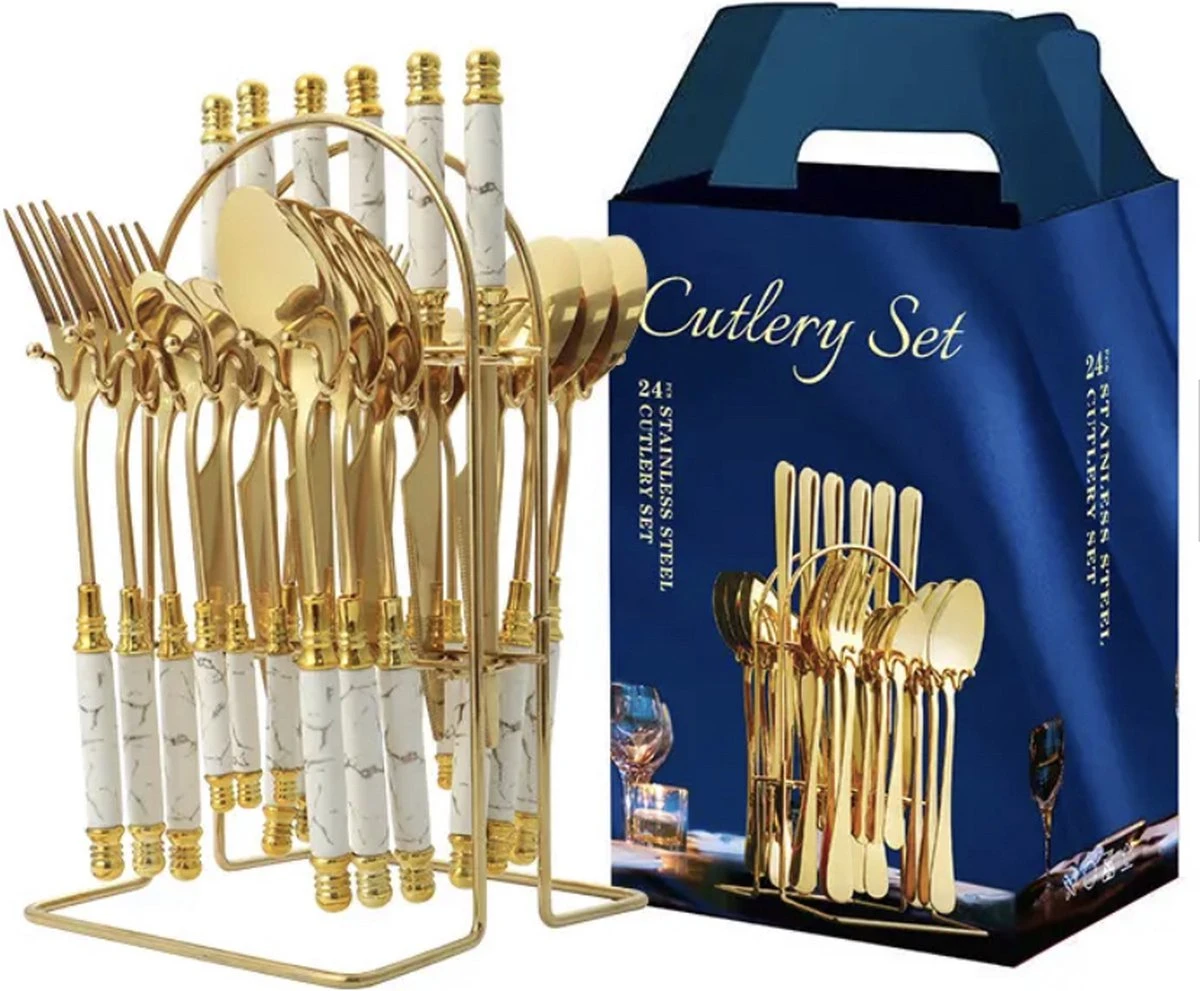 Yerminbeauty Bestekset 6 Persoons 24-delig - Roestvrij Staal - Theelepels, Lepels, Messen & Vorken - Met Houder - Wit-goud Marble 3 Yerminbeauty Bestekset 6 Persoons 24-delig - Roestvrij Staal - Theelepels, Lepels, Messen & Vorken - Met Houder - Wit-goud Marble